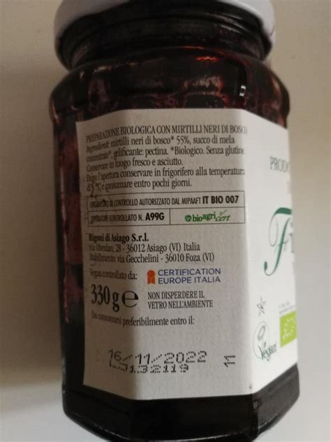 Etichetta Marmellata Rigoni di Asiago Fiordifrutta ai Mirtilli Neri