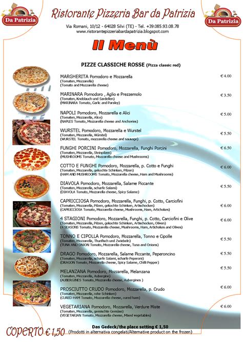 Menù di una pizzeria