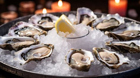 Ostriche fresche su un letto di ghiaccio