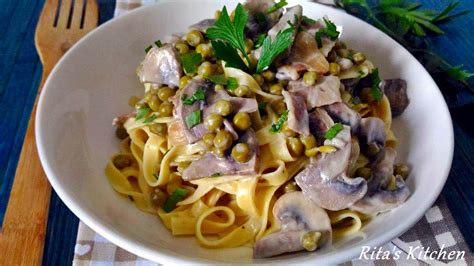 Pasta con Funghi e Piselli Cremosa